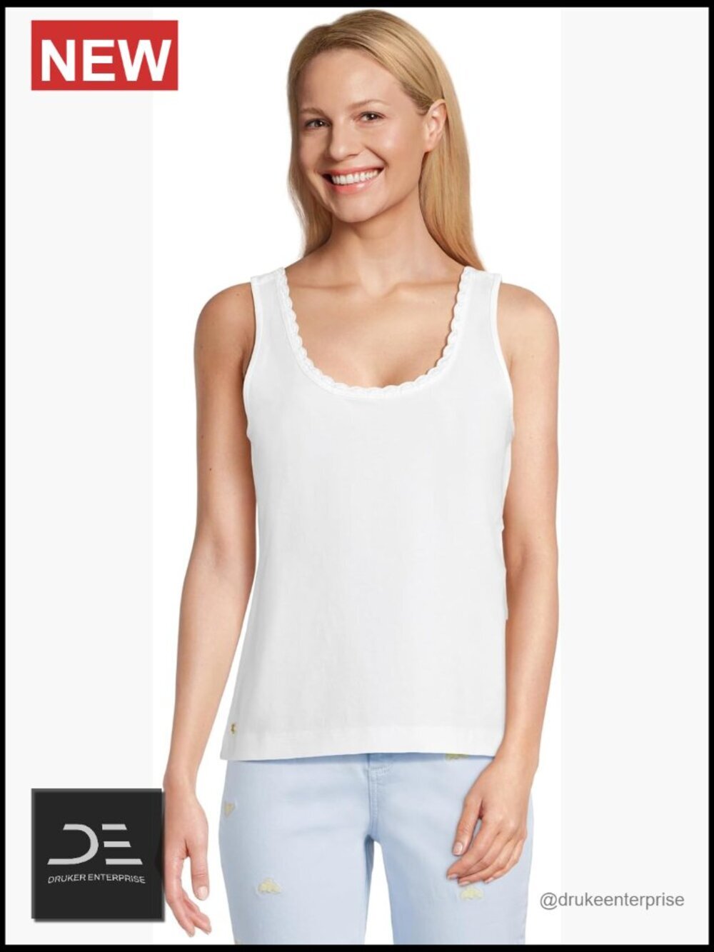 Crochet Trimmed Knit Tank Top - Sleeveless Scoop Neck Cotton